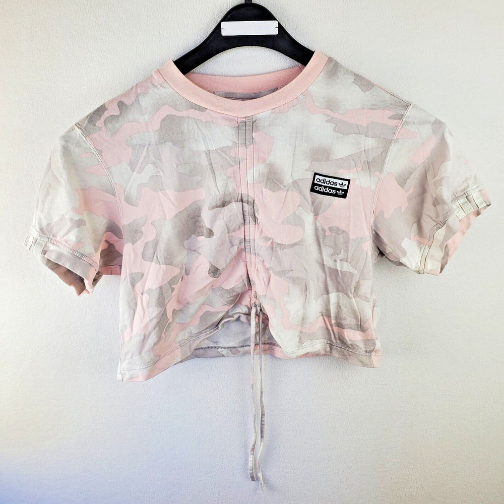 Adidas Shirt Women Sm Cropped Top Cinched Short Sleeve Camo Athleisure Pink Top
